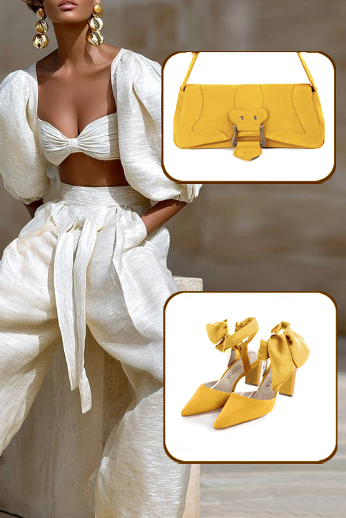 Dress closed-toe heels ankle scarf in yellow leather with medium spool heels and tapered toe - Top view